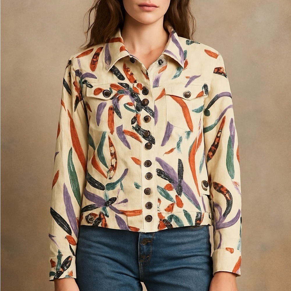 Chico’s Abstract Print Button Front Jacket Linen Cotton Blend Size 2 (L/12)
